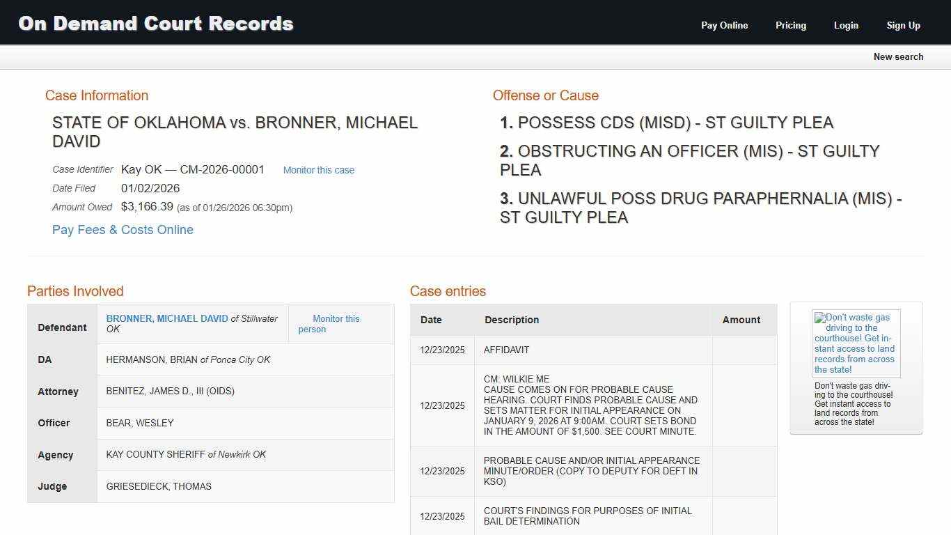 "STATE OF OKLAHOMA vs. BRONNER, MICHAEL DAVID " (CM-2026-00001) On Demand Court Records