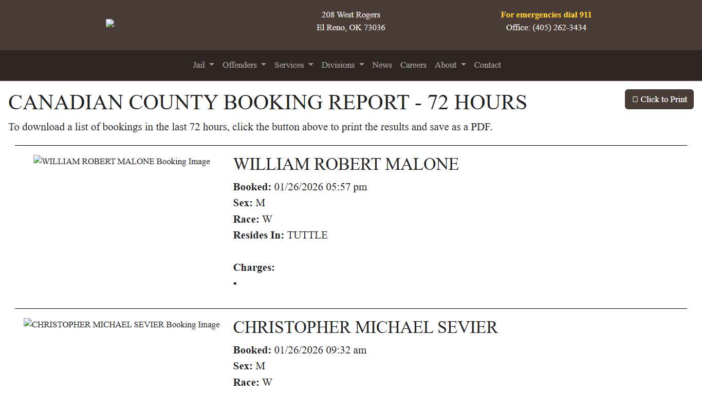 72 Hour Booking Report Canadian County Sheriff's Office